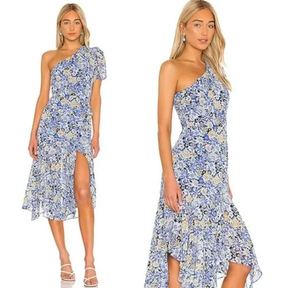 NWT ASTR Santorini One Shoulder Puff Sleeve Blue Peach Floral‎ Midi Dress Sz: XS